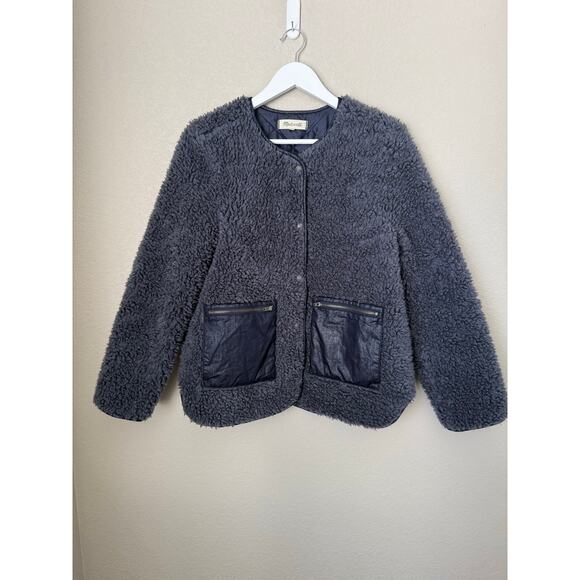 Madewell Sherpa Snap Jacket Size Medium Blue Cozy Warm Outerwear - Picture 7 of 9